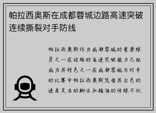 帕拉西奥斯在成都蓉城边路高速突破连续撕裂对手防线